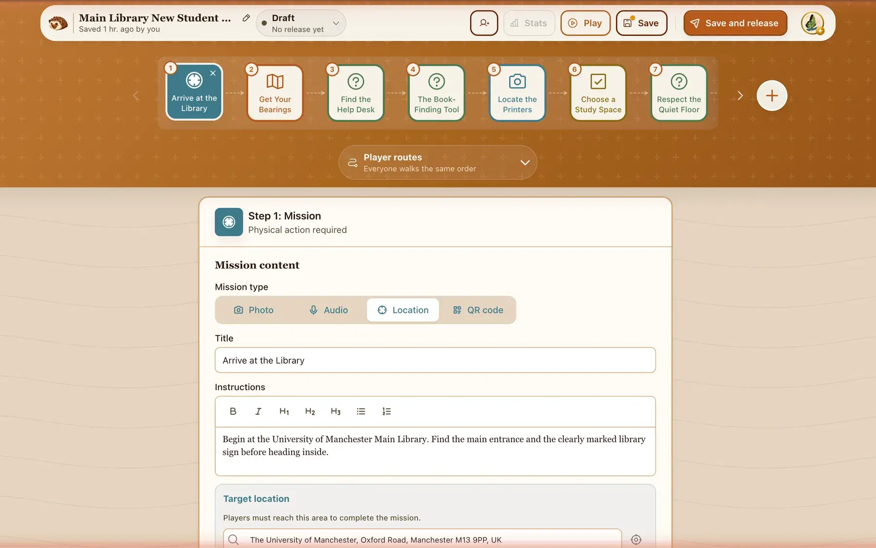 The builder showing Main Library New Student Orientation Hunt, an AI-generated library orientation hunt with eight indoor stops such as the help desk, catalogue computers and the quiet floor