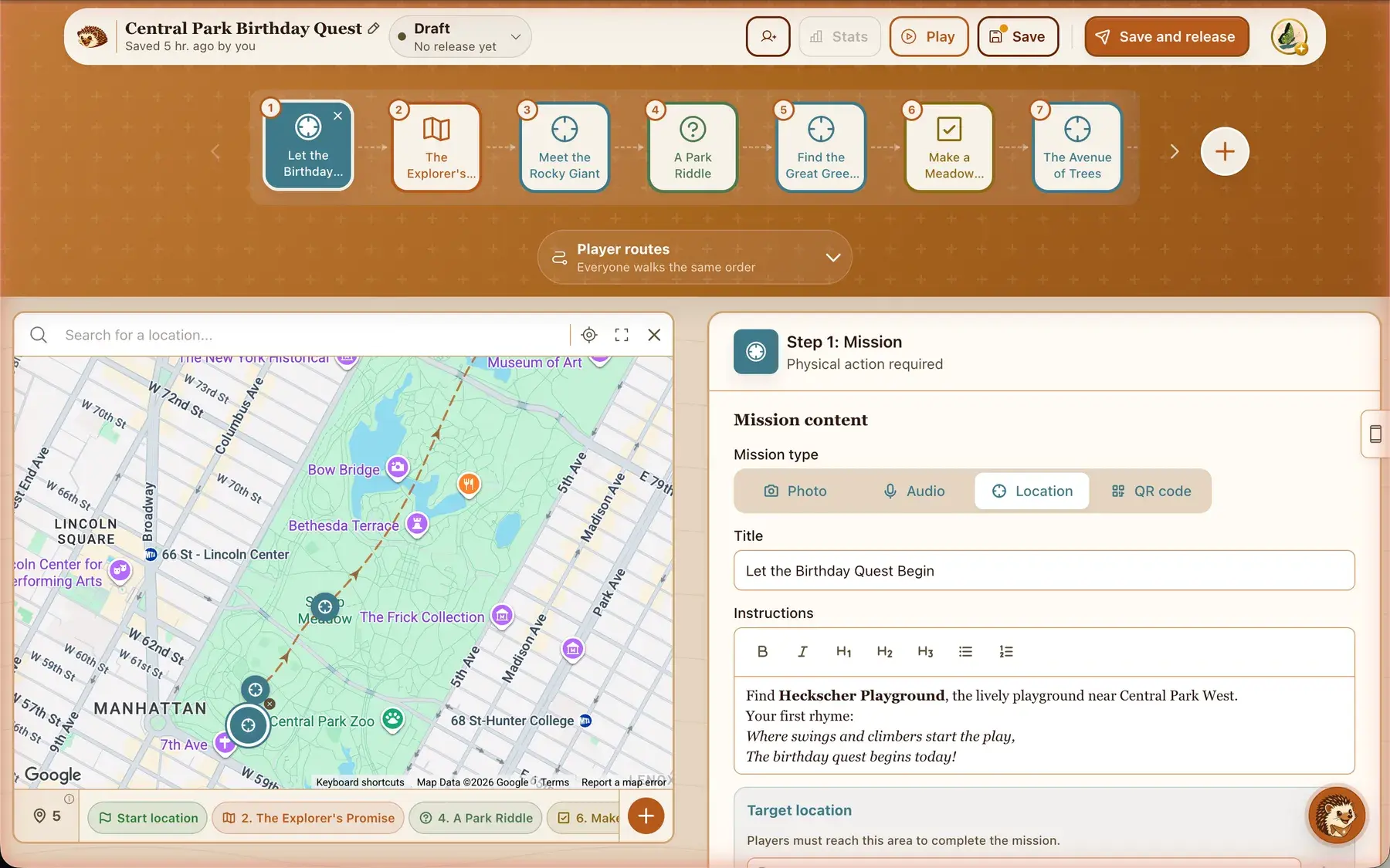 The builder map for Central Park Birthday Quest, showing the drafted route through the park and the AI-guessed pins a creator drags into place