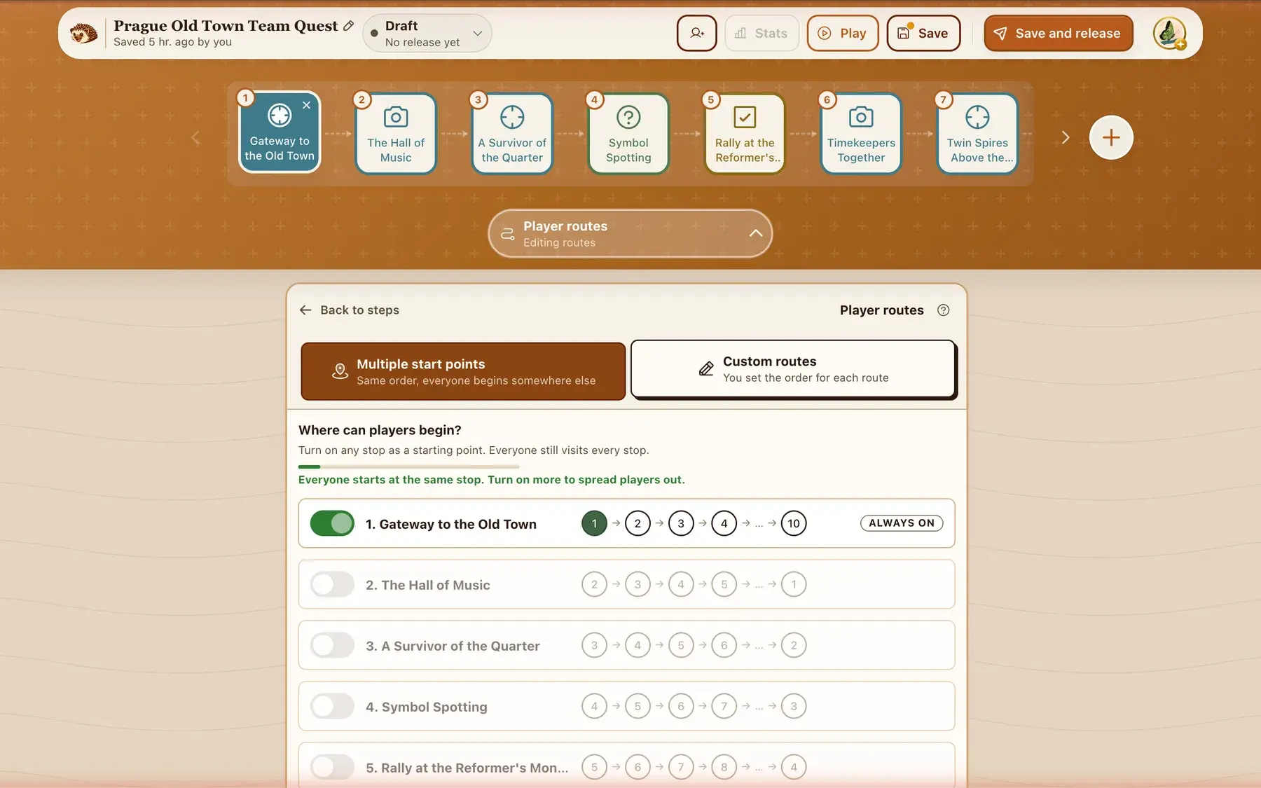 The Player routes panel for Prague Old Town Team Quest, with Multiple start points selected and the rotated stop order previewed for each start