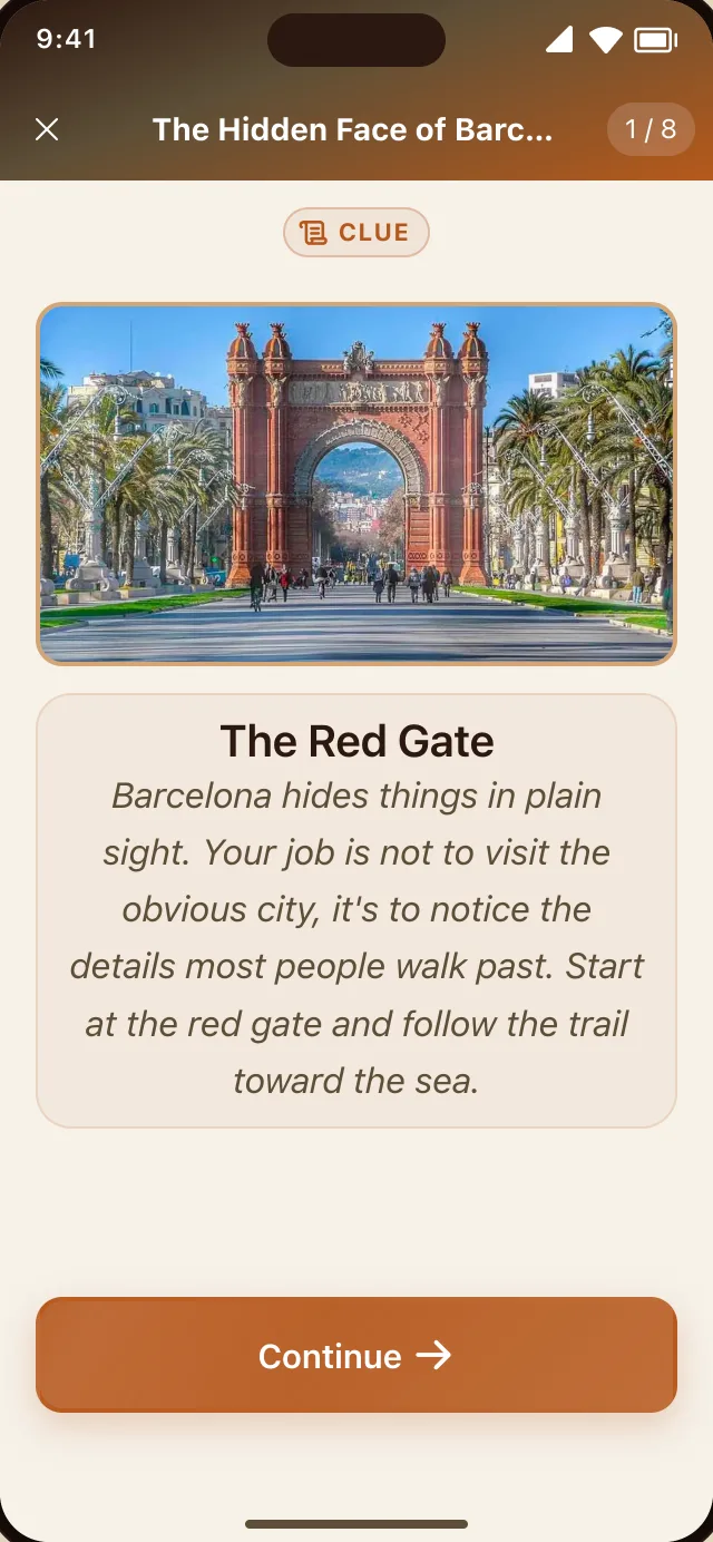 A player reading the first clue of a Barcelona hunt, with a photo of the red gate
